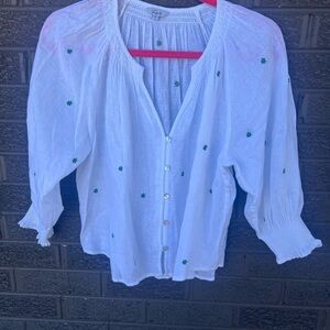 Rails White Cotton Button-Front Blouse with Green Floral Embroidery